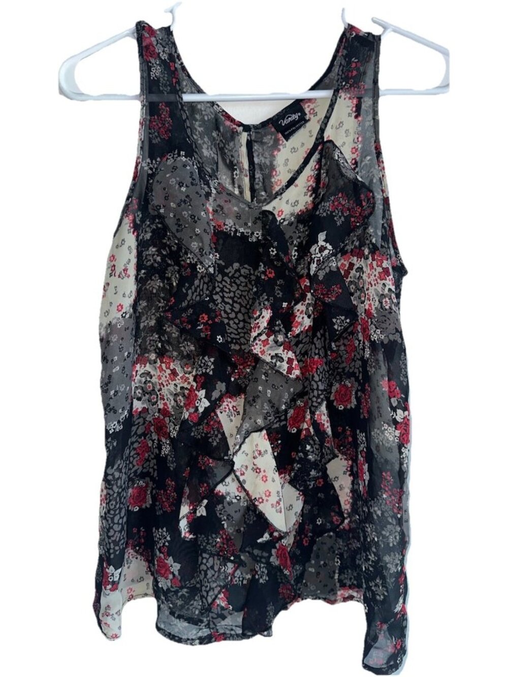 Y2K VTG Vanity Womens Sheer Tank Top Sz M Black Red Floral Ruffle Whimsygoth